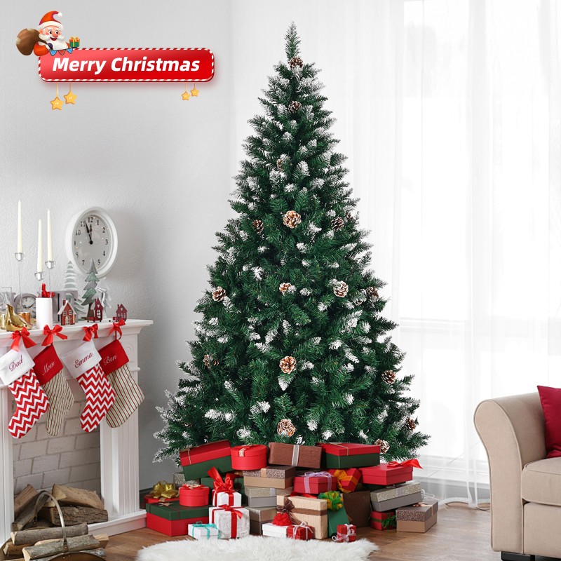 6ft 绿色喷白 900枝头 带松果 PVC材质 圣诞树
